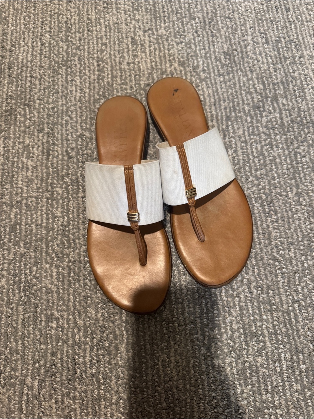 Italian Shoemakers White Canvas and Tan Leather Toe-Post Sandals